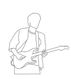 a black and white line drawing of a man playing an electric guitar