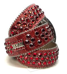 b.b. Simon '8 Ball' Blood Red Crystal Belt - Dudes Boutique Luxury Red Leather Belt, Luxury Red Belt For Formal Occasions, Elegant Red Leather Belt, Formal Red Leather Belt, Bb Simon Belts, Crystal Belt, Year Of Dates, Blood Red, Red Crystals