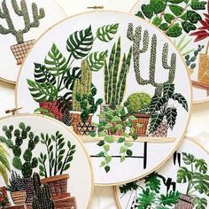 embroidered cactus and succulents on white plates