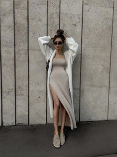 Modeling Outfits, Winter Fashion Outfits Casual, Calf Length Dress, Sling Dress, Warm Outfits, Dress With Cardigan, Evening Dresses Prom