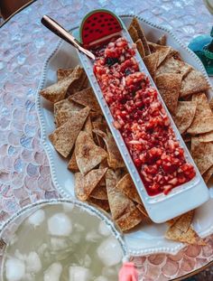 a plate with chips and salsa on it