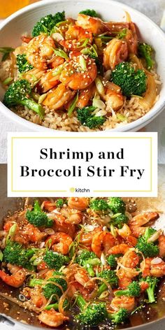 shrimp and broccoli stir fry in a white bowl on top of a table