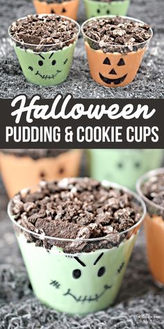 halloween pudding and cookie cups with faces painted on them