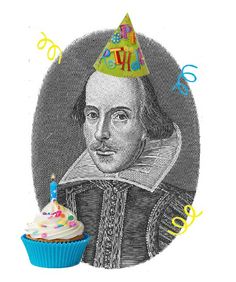 a cupcake with a birthday hat on it next to a drawing of shakespeare's character