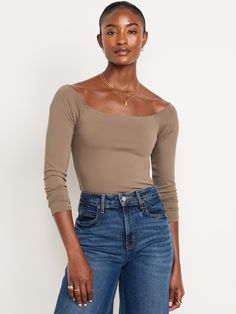 off-shoulder neckline long sleeves fitted hits below waist models are approx.  5'9" and wear sizes s (4), l (12), and xl (18)machine wash according to the care instruction label Old Navy Women, Off Shoulder Tops, Big And Tall, Womens Clothing Tops, Shoulder Top, Old Navy, Off Shoulder, Models, Navy