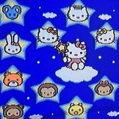 an image of hello kitty and other cartoon characters on blue stars with white clouds in the background