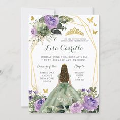 an elegant princess birthday party with purple flowers and greenery on the front, in gold foil