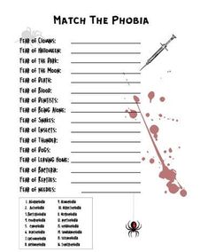 a poster with the words match the phobia written in red and black ink