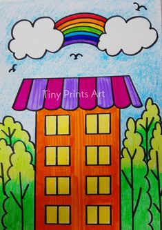 a drawing of a building with a rainbow in the background