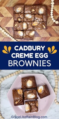 cadbury creme egg brownies on a plate with eggs in the middle and an image