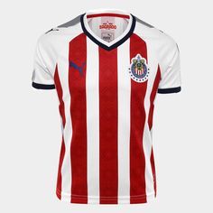 a red and white striped soccer jersey with an emblem on the chest