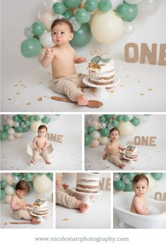 a baby sitting in front of a cake and balloons