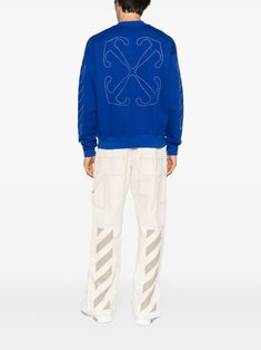 logo-print cotton sweatshirt from OFF-WHITE featuring blue, cotton, logo print at the chest, signature Diag-stripe print, signature Arrows motif, crew neck, long sleeves and ribbed cuffs and hem. Size Info STANDARD Color Detail Blue Made In Italy Material Cotton 100% Season One Fall-Winter Season Two Fall-Winter Product sweaters Brand Off White Size And Fit This piece fits true to size. We recommend you get your regular sizeModel is 1,84m / 6ft 1in wearing size M Long Sleeve Sweater With Logo For Streetwear, Crew Neck Sweater With Logo For Streetwear, Cotton Hoodie With Logo And Crew Neck, Cotton Crew Neck Hoodie With Logo Detail, Cotton Crew Neck Hoodie With Logo, Spring Long Sleeve Sweatshirt With Logo Detail, Streetwear Hoodie With Ribbed Collar And Crew Shape, Cotton Sweater With Logo Detail Relaxed Fit, Relaxed Fit Cotton Sweater With Logo Detail