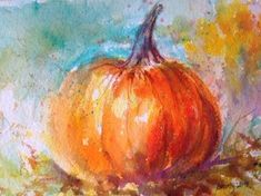 an oil painting of a pumpkin sitting on top of leaves in the fall season with watercolors