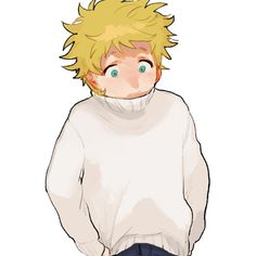 an anime character with blonde hair wearing a white sweater and blue jeans, looking at the camera