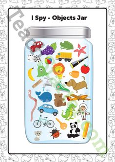 a jar filled with lots of stickers on top of a white and black frame