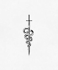 Vertical Tattoos Men, Small Vertical Tattoo, Simple Greek Mythology Tattoos, Ancient Greek Tattoo, Hermes Tattoo, Vertical Tattoo, Trident Tattoo, Black And White Snake, Side Neck Tattoo