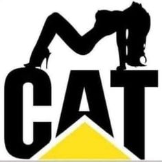 the cat logo is black and yellow with a woman leaning on it's back