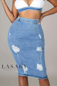 Lasaky - Premium Quality Solid Distressed High Waist Skinny Denim Skirts for a Casual Chic Look Trendy Fitted Ripped Denim Skirt, Distressed High Rise Fitted Skirt, Fitted Denim Skirt With Distressed Details, Fitted High Rise Distressed Skirt, High-rise Fitted Distressed Skirt, High Rise Fitted Distressed Skirt, Distressed High Waist Fitted Skirt, Fitted Ripped Medium Wash Denim Skirt, High Waist Distressed Fitted Skirt