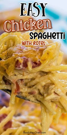 Close up of spaghetti with creamy sauce and chopped tomatoes with Pinterest overlay. Rotel Casserole, Speggetti Recipes, Chicken Spaghetti With Rotel, Spaghetti With Rotel, Use Rotisserie Chicken