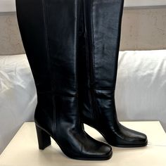 - Zora Black Lea Leather Knee High Boots W/ Heel. Bloomingdales - Size 8m - Square Toe - Nwt/In Box - Heel 3” Classic Faux Leather Heeled Boots For Business, Classic Faux Leather Heeled Boots For Work, Classic Heeled Boots For Office In Faux Leather, Classic Faux Leather Heeled Boots For Office, Classic Formal Heeled Boots In Faux Leather, Classic Faux Leather Heeled Boots For Formal Occasions, Classic Formal Faux Leather Heeled Boots, Classic Evening Heeled Boots In Faux Leather, Classic Faux Leather Heeled Boots For Evening