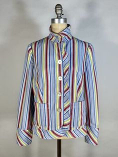 Vintage 1980's OOAK UNIQUE homemade stripe cotton jacket blazer w/ruffle neck L  | eBay Fitted Vertical Stripes Spring Blazer, Fitted Blazer With Vertical Stripes For Spring, Spring Fitted Blazer With Vertical Stripes, Fitted Spring Blazer With Vertical Stripes, Striped Fitted Cotton Blazer, Fitted Striped Cotton Blazer, Fitted Cotton Outerwear With Striped Pattern, Fitted Striped Cotton Outerwear, Spring Cotton Retro Blazer