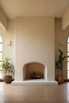 an empty living room with a fireplace and potted plants