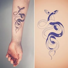 two pictures one with a snake and the other with a snake tattoo on it's arm