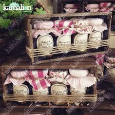 two baskets filled with pink and white items