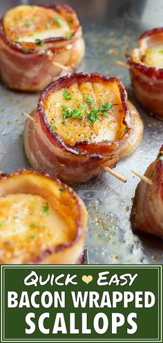 bacon wrapped scallops on a baking sheet with text overlay