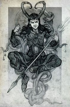 an ink drawing of a woman with horns and two swords in her hands, surrounded by snakes