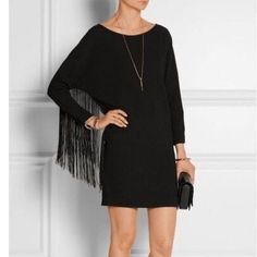 Maje Rodeo Black Crepe Fringed Long Sleeve Mini Dress Nwt, Size 1 Or Us Size S Add A Little Western Flair To Your Next Cocktail Party With Rodeo Fringed Mini Dress. Fringe Adorns The Whole Length Of The Sleeve And The Upper Half Of Side Of The Dress. Very Unique And Fun. Style With Strappy Sandal Or Go All Western With The Booties. Boatneck Crepe Material Shift Silhouette Fringe Trim Back Vent Pull On Style 100% Polyester Chic Fringe Mini Dress For Night Out, Chic Evening Mini Dress With Fringe, Chic Fringe Mini Dress For Date Night, Chic Fringe Dresses For Night Out, Chic Fringed Dresses For Date Night, Chic Fringe Dress For Date Night, Long Sleeve Fringe Mini Dress For Night Out, Elegant Black Fringe Dress, Black Fringe Mini Dress For Cocktail