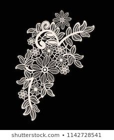 a white lace pattern on a black background with flowers and leaves in the center,