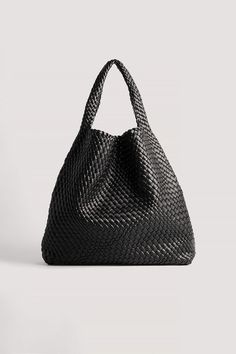 Soft Woven Tote Black | NA-KD Black Shoulder Bag With Intrecciato Weave And Double Handle, Black Double Handle Shoulder Bag With Intrecciato Weave, Black Intrecciato Weave Shoulder Bag With Double Handle, Woven Leather Hobo Tote Bag For On-the-go, Intrecciato Weave Hobo Shoulder Bag For On-the-go, Woven Top Handle Bags For Shopping, Black Woven Top Handle Hobo Bag, Everyday Intrecciato Tote Bag, Black Woven Hobo Bag With Top Handle