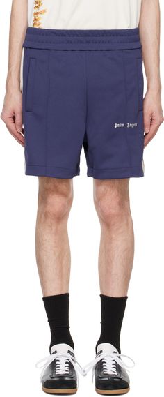 Polyester jersey shorts feature an elasticized waistband and two-pocket styling. A pinched seam detail is present at the front, along with an embroidered logo at the leg. The outseams are finished with a striped trim. Track Shorts, Embroidered Shorts, White Brand, Palm Angels, Classic Logo, Logo Embroidered, Jersey Shorts, Short Outfits, Black And Navy