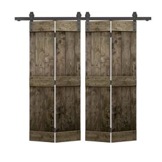 an open wooden door with metal bars on the side and two doors closed to reveal wood planks