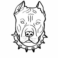 a black and white drawing of a dog's face with spikes around its neck