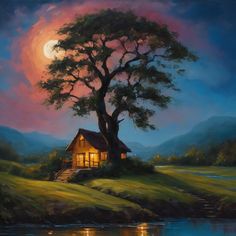 a painting of a tree and a house by the water at night with a full moon in the sky