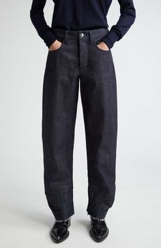 Articulated knee seams and multiple darts help shape the subtle barrel silhouette of these nonstretch-denim jeans finished with raw hems. 32" inseam; 17" leg opening; 11" front rise; 14" back rise (size 42EU) Zip fly with button closure Five-pocket style 100% cotton Dry clean Made in Italy Designer Clothing Modern Selvedge Rigid Denim Bottoms, Barrel Leg Jeans, Jil Sander, Jeans Pants, Bottoms Pants, Leg Jeans, Womens Bottoms, Denim Jeans, Designer Clothing