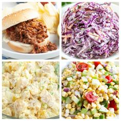 four pictures with different types of food including salad, coleslaw, and chicken