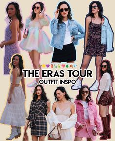 the eras tour outfit info is displayed in this image, including dresses and shoes for women