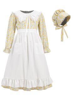 PRICES MAY VARY. Pioneer Dress for Girls Features -- The floral print reminiscent of the print dresses that Laura Ingalls on the prairie would wear. The pioneer dress has a beautiful white collar, with a hidden zipper in the back for easy on and off. There is some elastic gathering around the waist, which makes an easy waistline. the trumpet sleeves decorated with ruffles, the upper elastic band will not strangle the wrist. The costume gives a child the whole Little House Prairie look. Girls Pra Pioneer Girl Costume, Prairie Bonnet, Pioneer Bonnet, Trek Clothing, Colonial Costume, Pilgrim Costume, Prarie Dress, Pioneer Dress, Colonial Dress