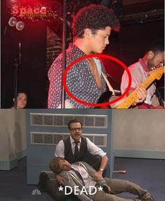 two pictures one with a man playing guitar and the other has an image of a band member