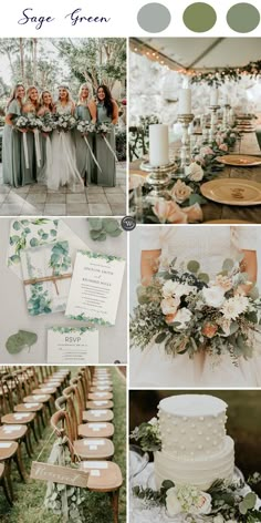 a collage of photos with different wedding colors and flowers on them, including greenery