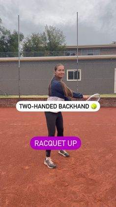 a woman holding a tennis racquet on top of a tennis court with the words two - handed backhand