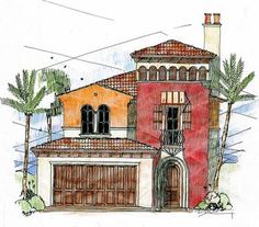 a drawing of a house with palm trees in the front and an orange building behind it