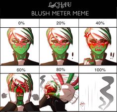 an anime character with green hair and red eyeliners is shown in four different ways