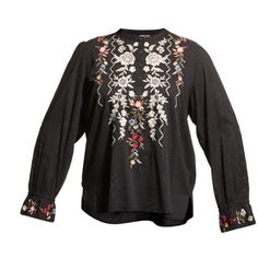 Johnny Was "Roma Victorian Prairie" Floral-Embroidered Blouse With Subtle Metallic Pinstripes Round Neckline Partial Button Placket Long Sleeves; Elastic Cuffs Relaxed Silhouette Slits In The Sides Viscose Imported Please Note: This Merchandise May Have A Distressed Effect. It Is A Unique Feature That Enhances The Product And Is Not Considered A Defect. Designer Long Sleeve Tops For Festive Occasion, Festive Long Sleeve Designer Tops, Traditional Embroidered Tops For Workwear, Festive Long Sleeve Blouse With Embroidered Cuffs, Designer Embroidered Long Sleeve Blouse, Festive Fall Blouse With Floral Embroidery, Fall Festive Floral Embroidered Blouse, Elegant Blouse With Multicolor Floral Embroidery, Elegant Multicolor Embroidered Festive Tops