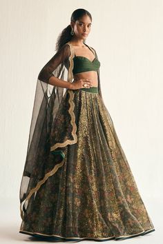 Green can can attached lehenga featuring floral printed motifs highlighted by sequins. Comes with padded blouse and printed cape. - Aza Fashions Fitted Anarkali Brocade Pre-draped Saree, Fitted Brocade Gown With Dupatta, Festive Fitted Brocade Dupatta, Fitted Brocade Anarkali Set For Festive Occasions, Festive Fitted Brocade Anarkali Set, Fitted Chanderi Lehenga For Reception, Fitted Brocade Lehenga Floor-length, Fitted Brocade Lehenga For Designer Wear, Party Brocade Choli With Cutdana