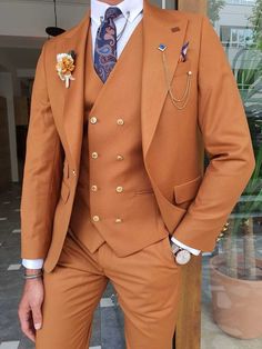 This is a Classy rust orange 3 Piece Suit by fixashop /crafted from high quality fabric and imported materials. Our products are handcrafted by experienced tailors who make sure the that the stitching is precise, lining is proper and the overall product is sturdy enough to not go out of shape for more than a few years. Also all our products have extra margins in their length, sleeves, sides so it's easily alterable if your size changes after some time. To see more available colours and designs in this collection, Check out the ' Collection' Section. *This is a 3 piece set of a Coat+westcoast+pant  *We also offer customization so we can provide you an even better fit if you massage us your measurements (in inches) of Chest, Stomach, Waist, Hip, Shoulder and Actual Height after ordering. *Wa Burnt Orange Tuxedo, Orange Tuxedo, Teal Suit, Mens Wedding Suits, Amazing Houses, Dinner Suit, Male Clothing, Wedding Groomsmen, Dapper Style